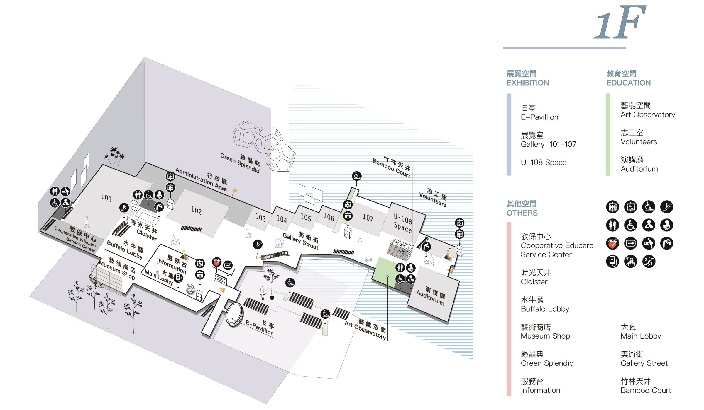 國立臺灣美術館一樓平面圖，包含演講廳、入口、無障礙設施與動線標示